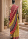 Tissue chunry silk Color yellow fabric golden red green multiple color jary work. Hand woven saree – front