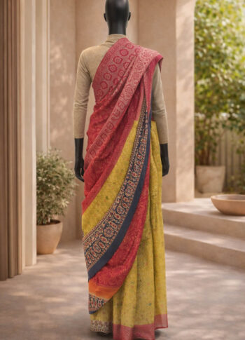 Yellow Tissue Chunri Silk Saree with Multicolor Zari Work – Handwoven Designer Ethnic Wear - back