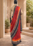 an Ajrakh hand block print Gajanan silk saree featuring natural dyes and a geometric pattern – front