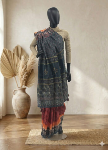 Ajrakh Hand Block Print Silk Saree – Batik Design with Natural Dye Geometric Pattern