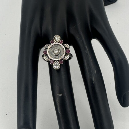 100% pure silver war, handmade oxide design on it with small flower and zirconia stone. - original