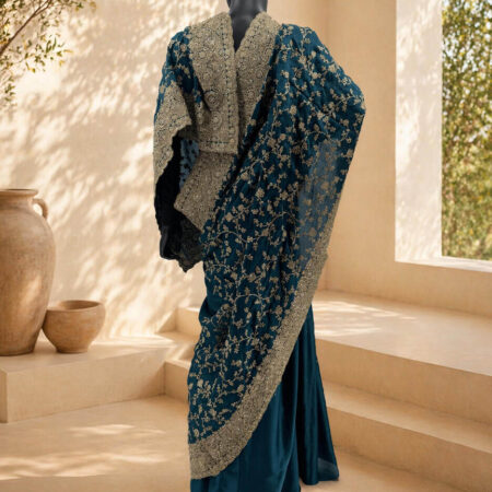 A teal blue saree with intricate golden zari work - back