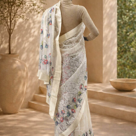 An elegant white saree with delicate floral embroidery for a touch of timeless charm - back