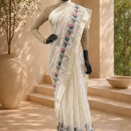 An elegant white saree with delicate floral embroidery for a touch of timeless charm - front