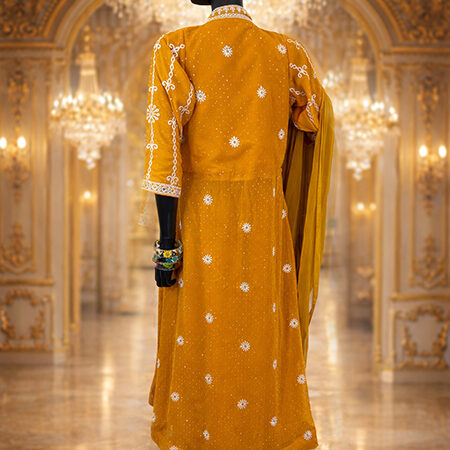 Bright Yellow Long Kamiz Set with Pants & Scarf – White All-Over Handwork-back