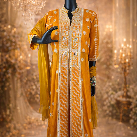 Bright Yellow Long Kamiz Set with Pants & Scarf – White All-Over Handwork-front
