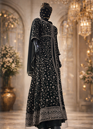 Dark Green Chiffon Long Dress Set with Pants & Dupatta – Silver Embroidery & Hand Work-side