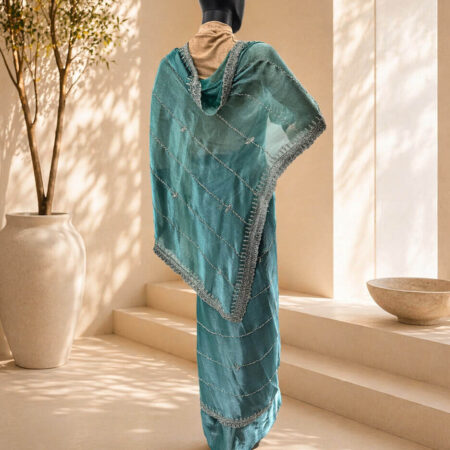 Elegant mannequin in teal sari display - back