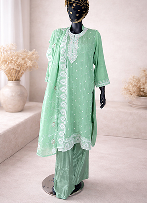 Green Chiffon Shalwar Kamiz with Dupatta – All-Over Embroidery-front