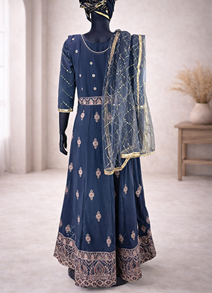 Grey Chiffon Three-Layer Fusion Dress Set with Blouse, Skirt & Long Cardigan – Gold & Off-White Hand Embroidery-back