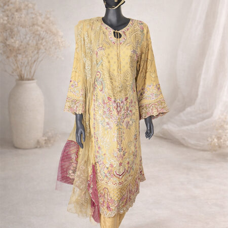 Handmade Yellow Embroidered Shalwar Kameez Set with Dupatta – Crêpe Chiffon Festive Wear