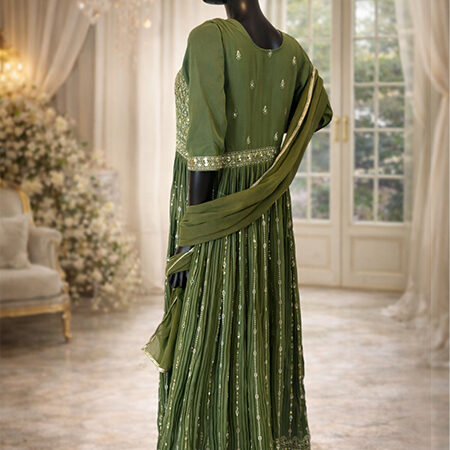 Light Green Chiffon Long Gown Set with Trousers & Scarf – All-Over Handwork-back