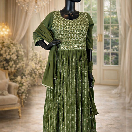 Light Green Chiffon Long Gown Set with Trousers & Scarf – All-Over Handwork-front