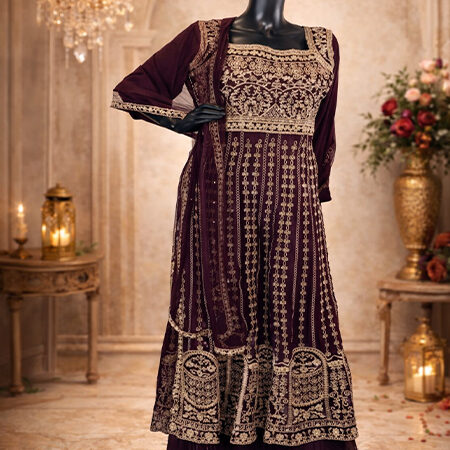 Maroon Anarkali Suit with Beige Embroidery – Size L-front