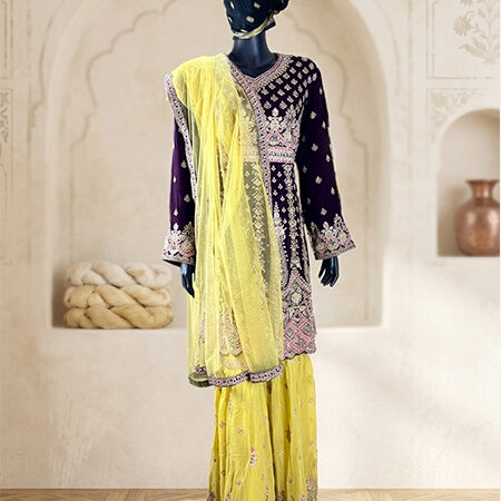 Maroon & Yellow Chiffon Tunic Sharara Set with Dupatta – All-Over Embroidery-front