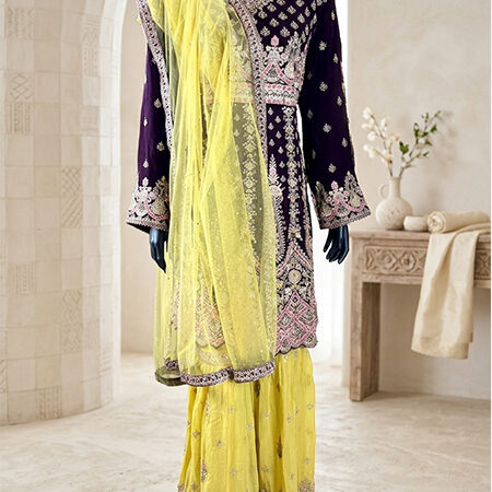 Maroon & Yellow Chiffon Tunic Sharara Set with Dupatta – All-Over Embroidery-front-zoom-in