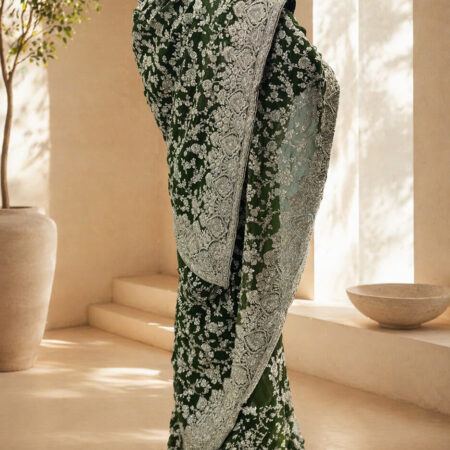 Olive Green Chiffon all over hand embroidery work - back