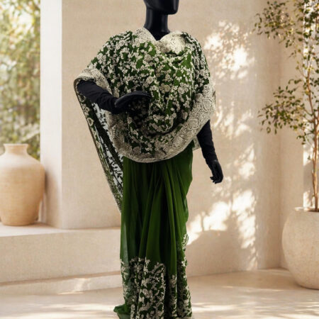 Olive Green Chiffon all over hand embroidery work - front
