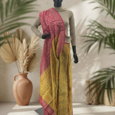 Tissue chunry silk Color yellow fabric golden red green multiple color jary work. Hand woven saree - front
