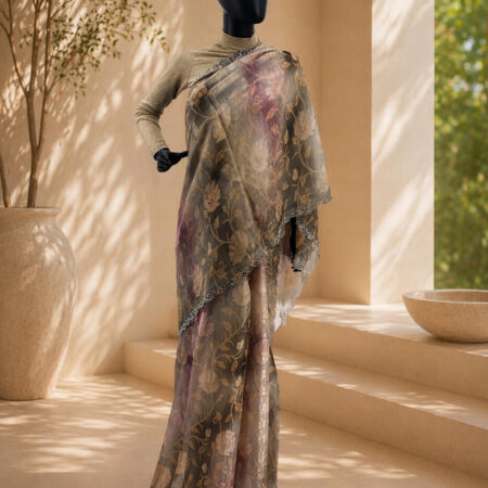 Water looks safe printed with a stone work all over the saree. Chiffon fabric Color base Pink and green blended - front