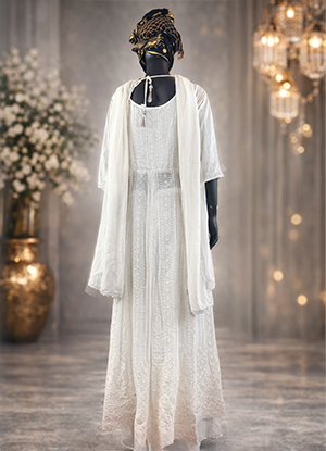 White Chiffon Long Dress Set with Loose Pants & Scarf – Silver & Stone Hand Work-back