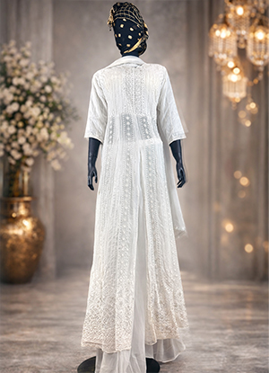 White Chiffon Long Dress Set with Loose Pants & Scarf – Silver & Stone Hand Work-front