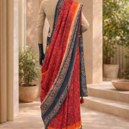 an Ajrakh hand block print Gajanan silk saree featuring natural dyes and a geometric pattern - back