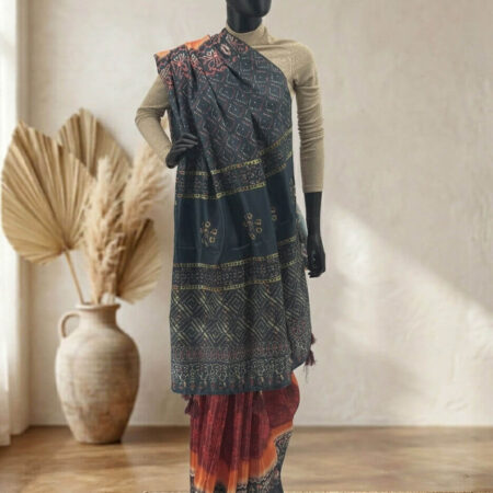 an Ajrakh hand block print Gajanan silk saree featuring natural dyes and a geometric pattern - front